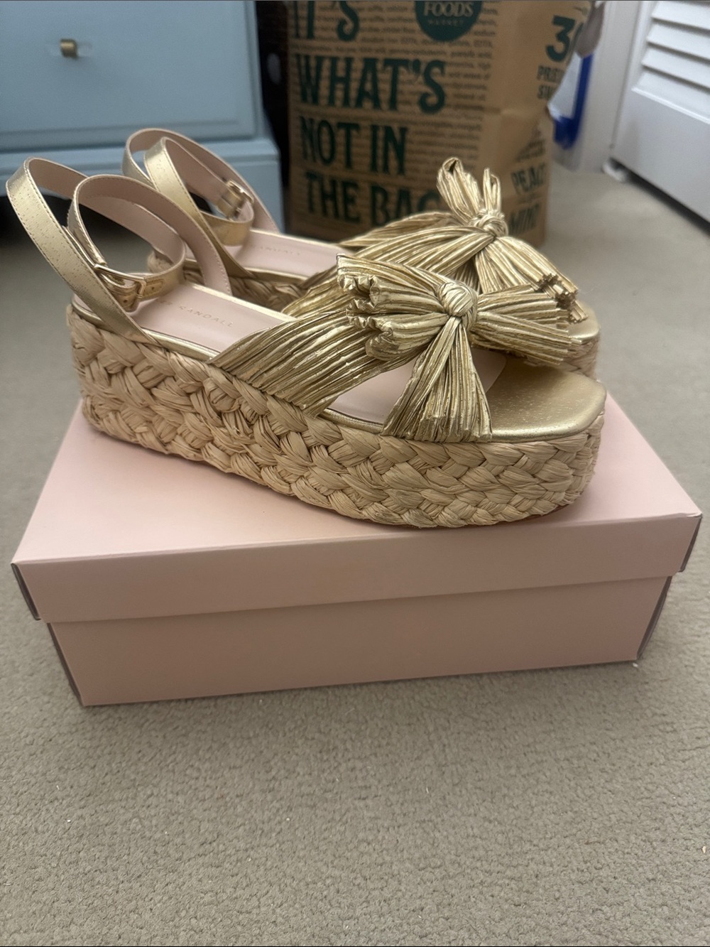 Loeffler Randall Gold Pleated Knotted Bow Platform Espadrilles- 10/10.5